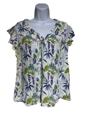 Anne Carson Womens Floral Print Blouse Size L Tropical Garden Party Summer